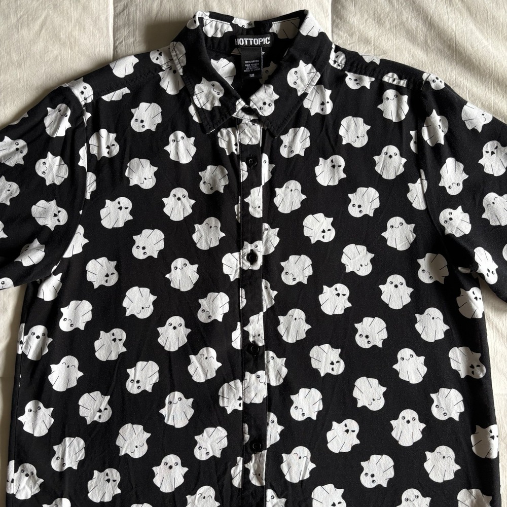 Hot Topic Button Up Ghost Shirt Womens S Black Whimsigoth Cute Spooky Halloween - Picture 3 of 11